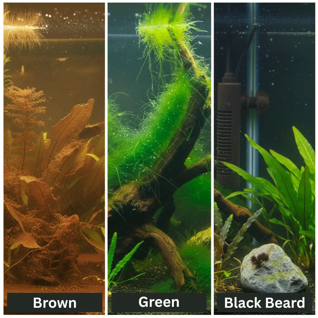Side-by-side comparison of brown diatom algae, green hair algae, and black beard algae in aquariums