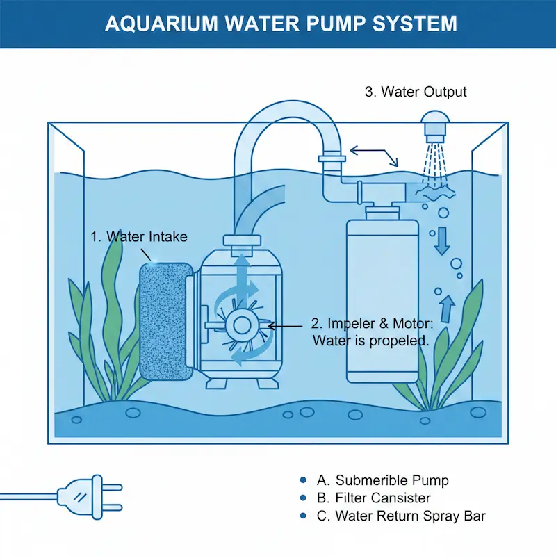 Diagram showing how aquarium water pumps work